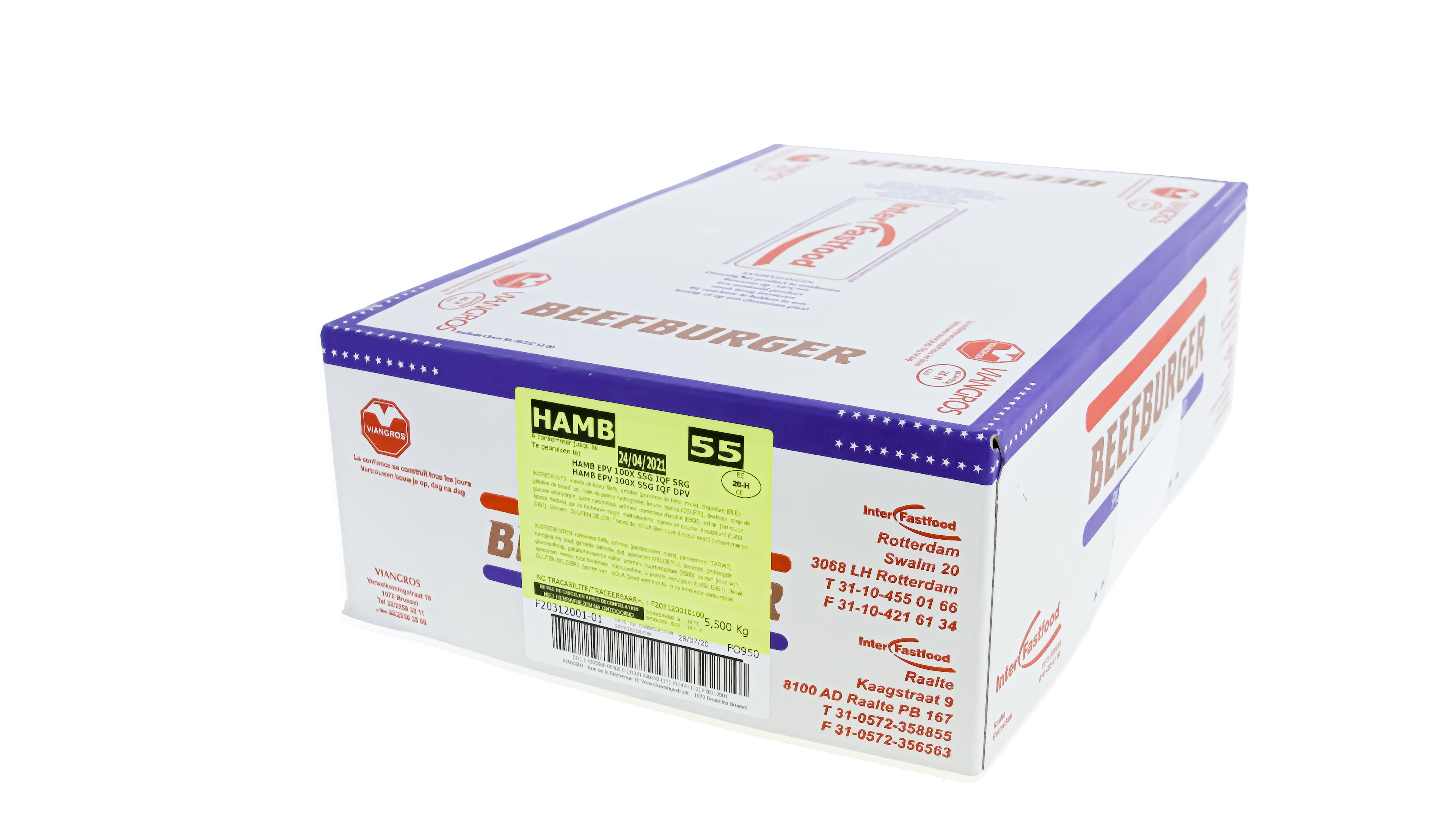 IFF hamburgers 100 x 55g DS 5,5kg (geel)